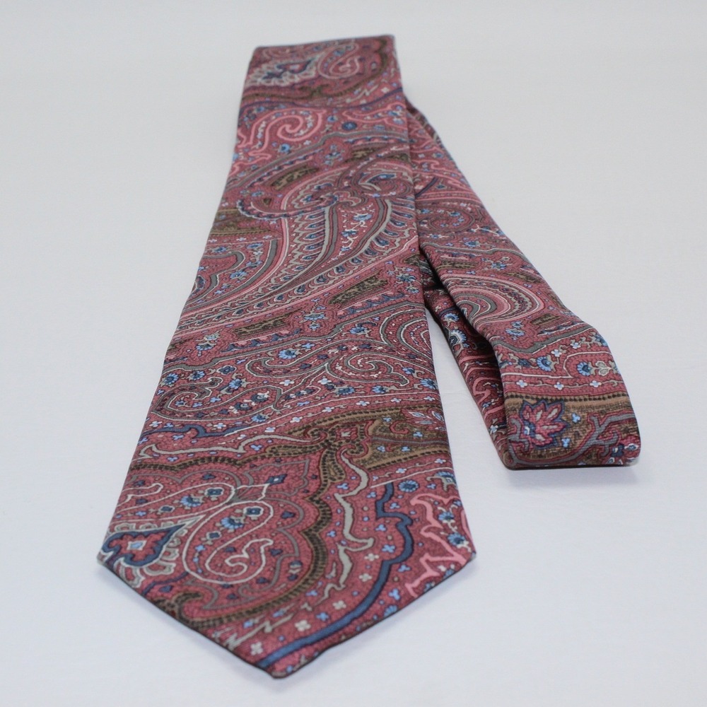 Pallini Mens Silk Tie Paisley Italian Fabric‎ Dusty Rose Blue Tan Necktie